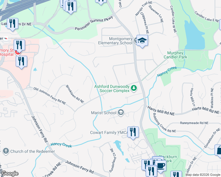 map of restaurants, bars, coffee shops, grocery stores, and more near 1284 West Nancy Creek Drive Northeast in Atlanta
