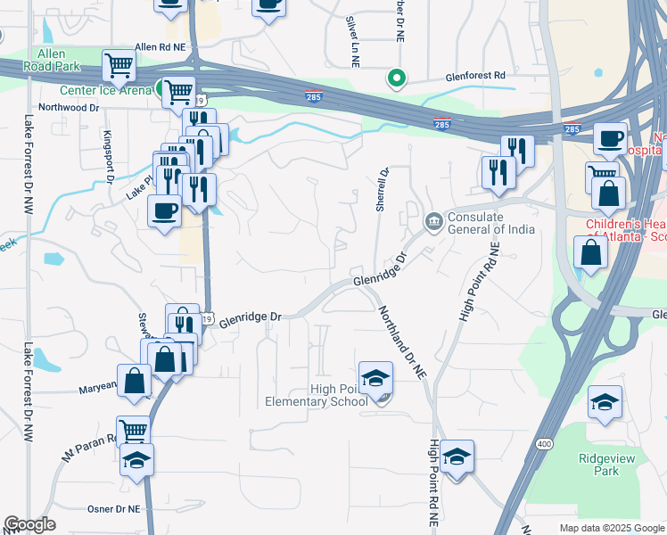 map of restaurants, bars, coffee shops, grocery stores, and more near 5492 Glenridge Stratford Drive in Atlanta