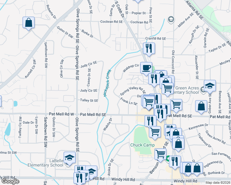 map of restaurants, bars, coffee shops, grocery stores, and more near 201 Spring Valley Road Southeast in Marietta