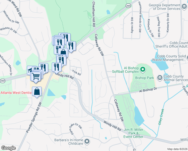 map of restaurants, bars, coffee shops, grocery stores, and more near 1960 Bergerac Court Southwest in Marietta