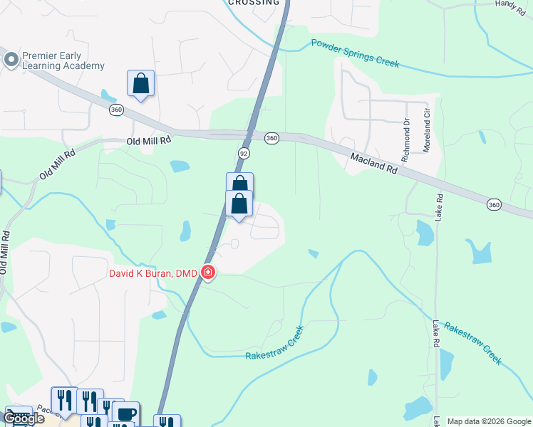 map of restaurants, bars, coffee shops, grocery stores, and more near 233 Darby's Crossing Court in Hiram