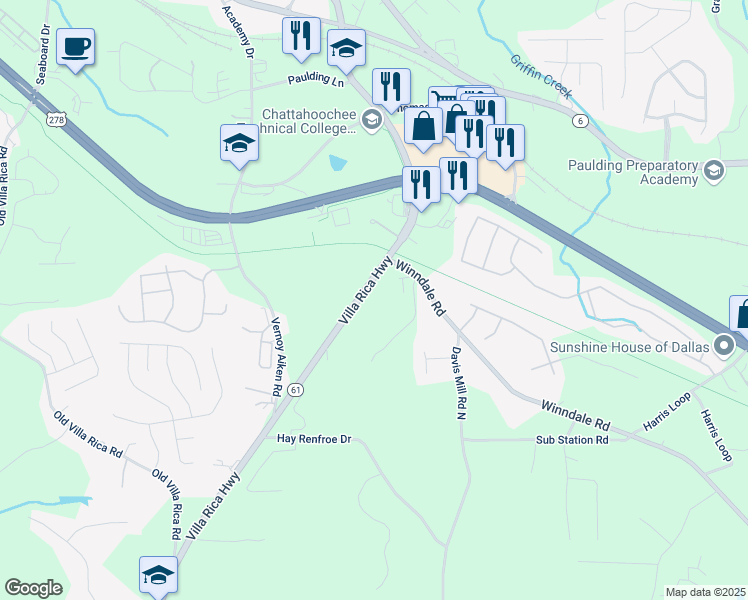 map of restaurants, bars, coffee shops, grocery stores, and more near 283 Villa Rica Highway in Dallas