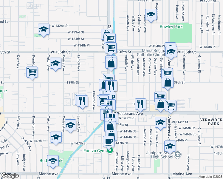 map of restaurants, bars, coffee shops, grocery stores, and more near 14008 Crenshaw Boulevard in Gardena