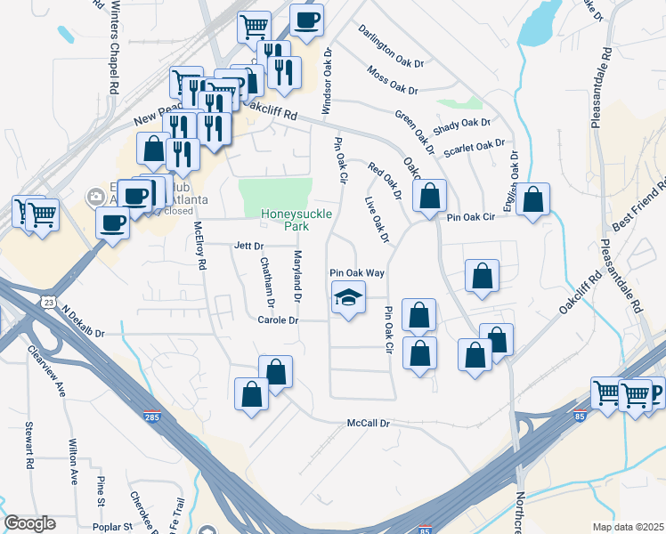 map of restaurants, bars, coffee shops, grocery stores, and more near 3140 Pin Oak Way in Doraville