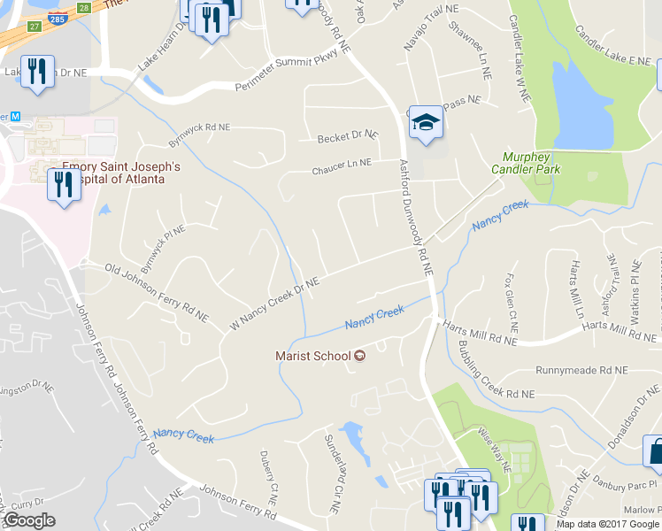 map of restaurants, bars, coffee shops, grocery stores, and more near 1284 West Nancy Creek Drive Northeast in Atlanta
