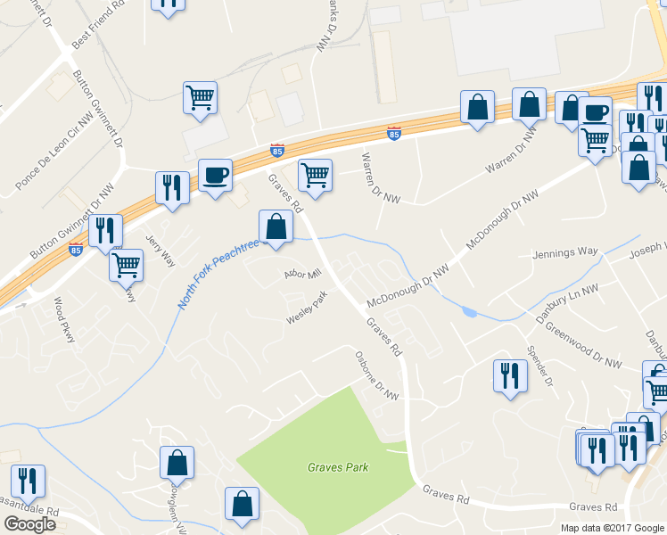 map of restaurants, bars, coffee shops, grocery stores, and more near 205 Autumn Leaf Way in Norcross