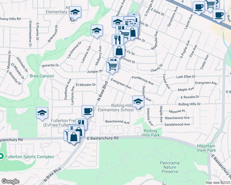 map of restaurants, bars, coffee shops, grocery stores, and more near 2937 Hemlock Place in Fullerton