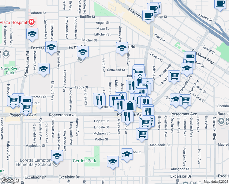 map of restaurants, bars, coffee shops, grocery stores, and more near 13932 Roseton Avenue in Norwalk