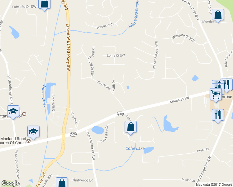 map of restaurants, bars, coffee shops, grocery stores, and more near 2011 Clay Drive Southwest in Marietta