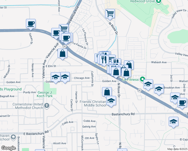 map of restaurants, bars, coffee shops, grocery stores, and more near 2430 Villena Way in Placentia