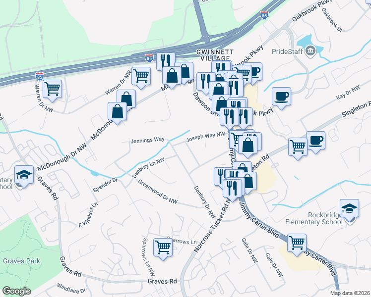 map of restaurants, bars, coffee shops, grocery stores, and more near 1627 Bussell Place in Norcross