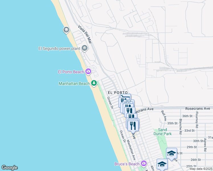 map of restaurants, bars, coffee shops, grocery stores, and more near 123 Shell Street in Manhattan Beach