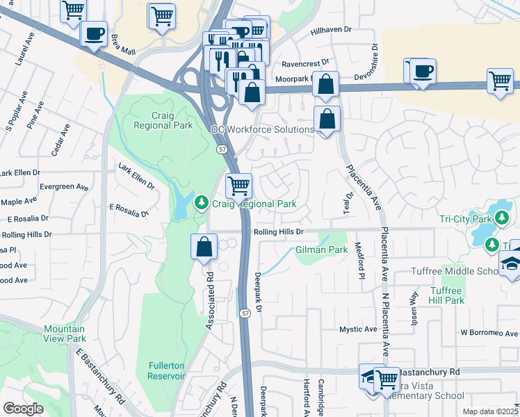 map of restaurants, bars, coffee shops, grocery stores, and more near 2851 Rolling Hills Drive in Fullerton