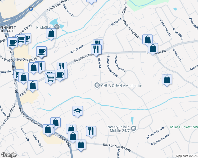 map of restaurants, bars, coffee shops, grocery stores, and more near 5897 Maryjo Lane in Norcross