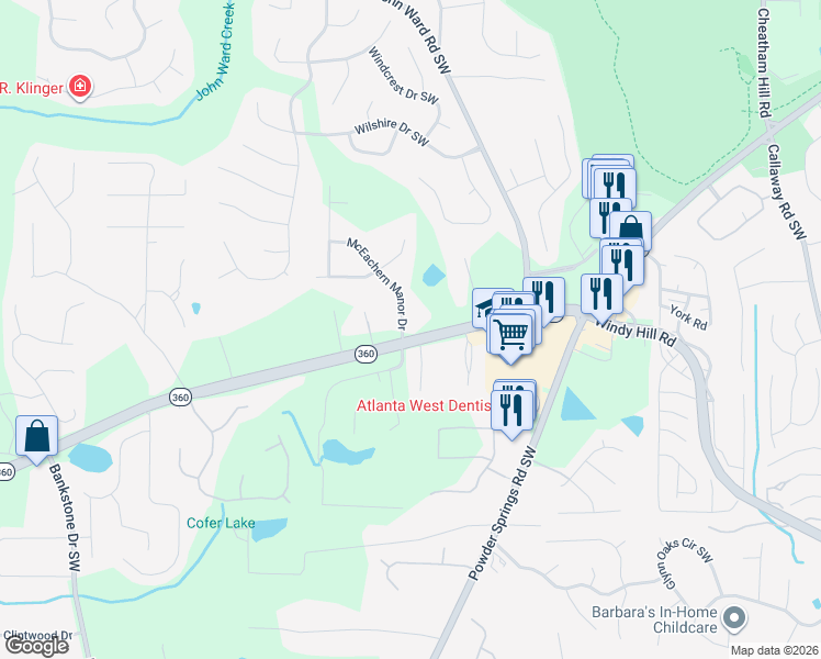 map of restaurants, bars, coffee shops, grocery stores, and more near 1971 McEachern Manor Drive in Marietta