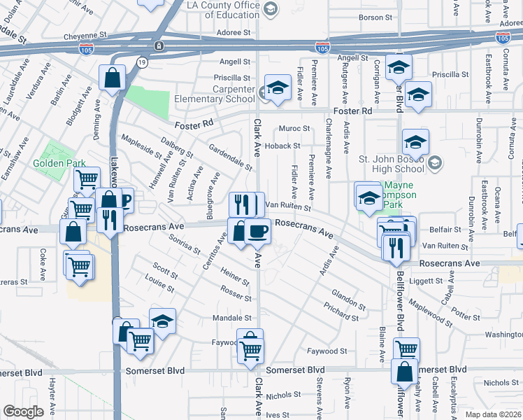 map of restaurants, bars, coffee shops, grocery stores, and more near 13768 Clark Avenue in Bellflower