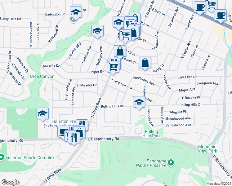 map of restaurants, bars, coffee shops, grocery stores, and more near 2937 Hemlock Place in Fullerton