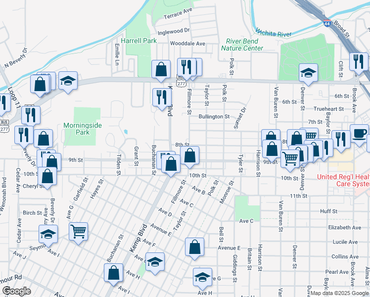 map of restaurants, bars, coffee shops, grocery stores, and more near 800 Fillmore Street in Wichita Falls