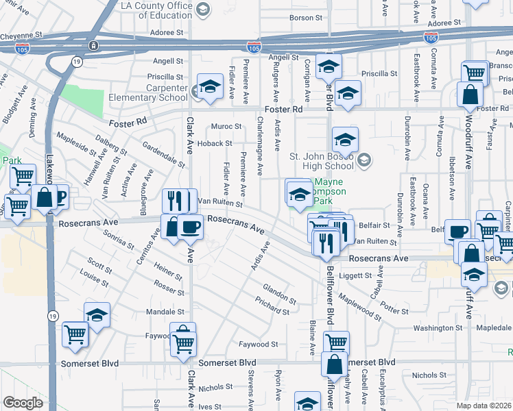 map of restaurants, bars, coffee shops, grocery stores, and more near 14049 Charlemagne Avenue in Bellflower