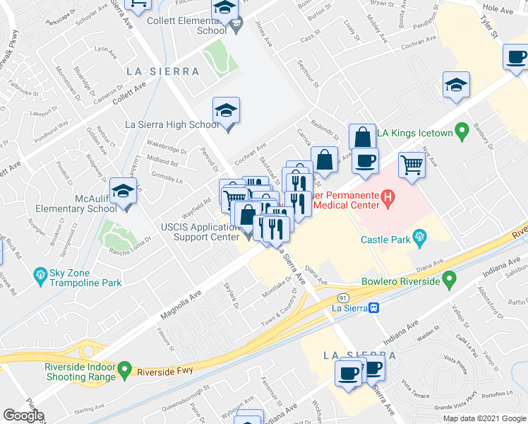 map of restaurants, bars, coffee shops, grocery stores, and more near 3915 La Sierra Avenue in Riverside