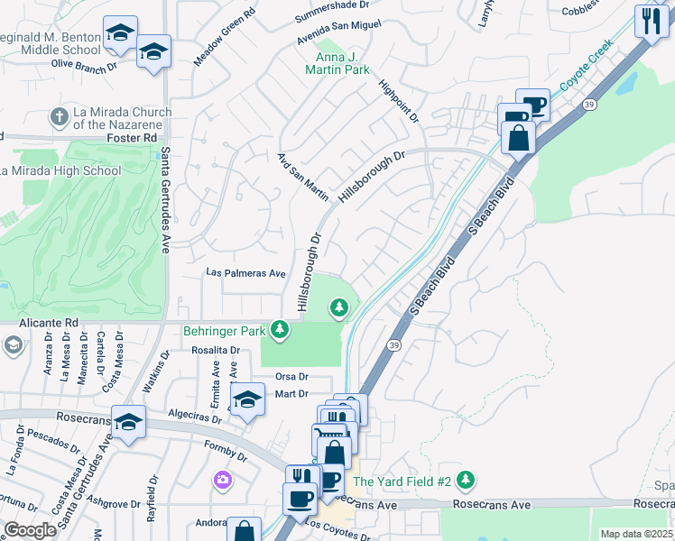 map of restaurants, bars, coffee shops, grocery stores, and more near 13655 Lyon Place in La Mirada