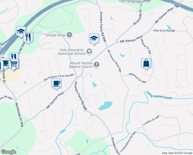 map of restaurants, bars, coffee shops, grocery stores, and more near 680 Widgeon Lane Northwest in Atlanta