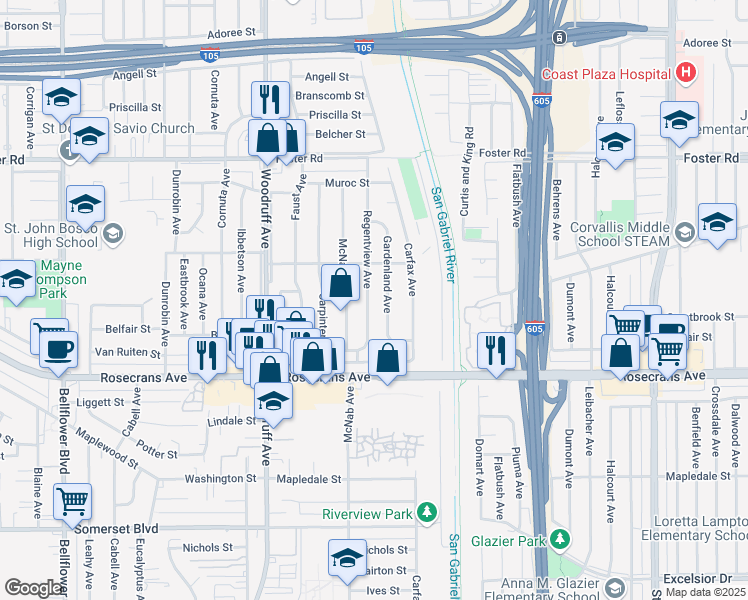 map of restaurants, bars, coffee shops, grocery stores, and more near 13902 Regentview Avenue in Bellflower