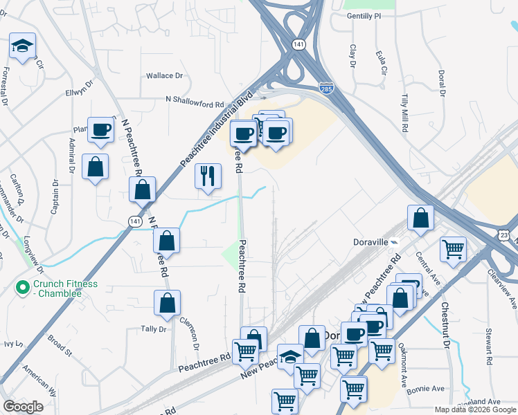 map of restaurants, bars, coffee shops, grocery stores, and more near 5936 Peachtree Road in Atlanta