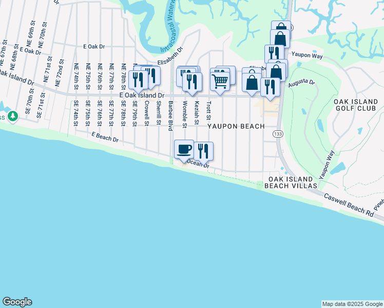 map of restaurants, bars, coffee shops, grocery stores, and more near 604 Ocean Drive in Oak Island
