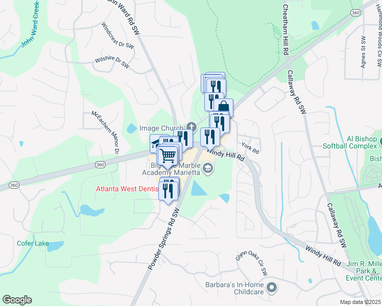 map of restaurants, bars, coffee shops, grocery stores, and more near 1733 Macland Road in Marietta