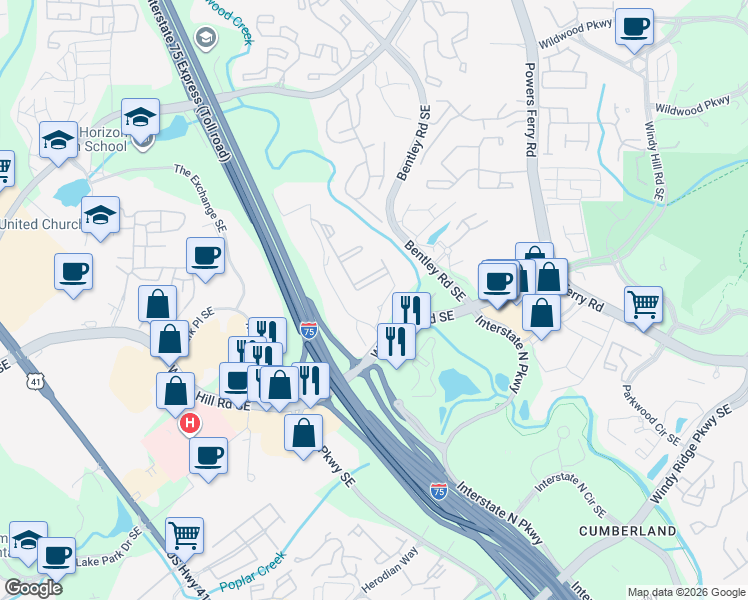map of restaurants, bars, coffee shops, grocery stores, and more near 2767 Leland Drive in Marietta
