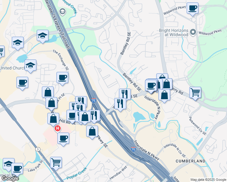 map of restaurants, bars, coffee shops, grocery stores, and more near 2825 Windy Hill Road Southeast in Marietta