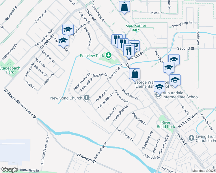 map of restaurants, bars, coffee shops, grocery stores, and more near 1068 Elmhurst Drive in Corona