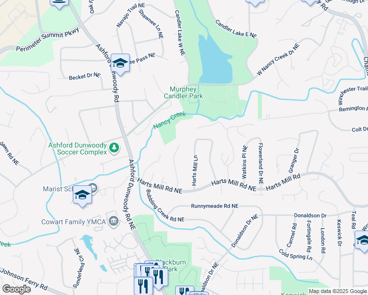 map of restaurants, bars, coffee shops, grocery stores, and more near 3833 Fox Glen Court Northeast in Atlanta