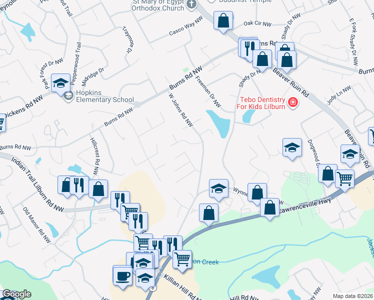 map of restaurants, bars, coffee shops, grocery stores, and more near 675 Ashford Cove Drive Northwest in Lilburn