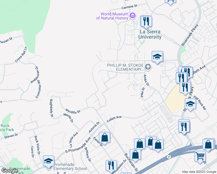 map of restaurants, bars, coffee shops, grocery stores, and more near 12179 Dewar Drive in Riverside