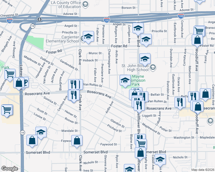 map of restaurants, bars, coffee shops, grocery stores, and more near 14049 Charlemagne Avenue in Bellflower