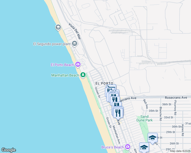 map of restaurants, bars, coffee shops, grocery stores, and more near 209 43rd Street in Manhattan Beach
