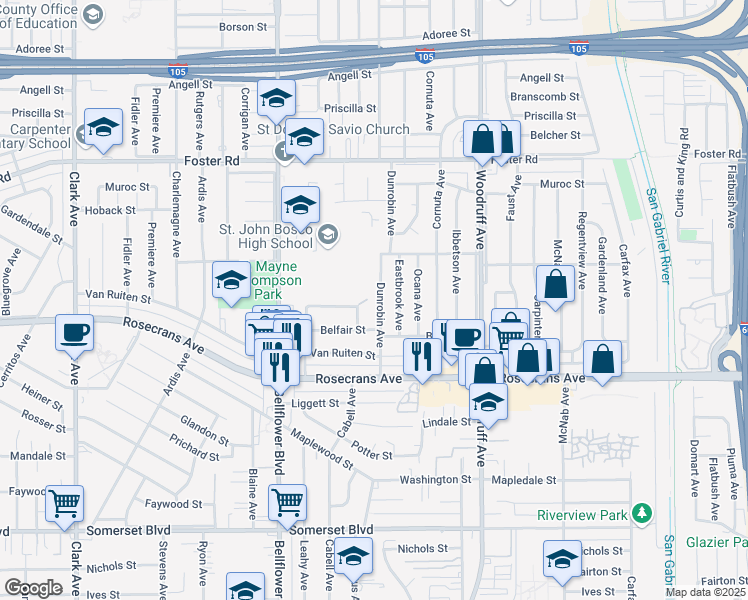 map of restaurants, bars, coffee shops, grocery stores, and more near 14005 Dunrobin Avenue in Bellflower