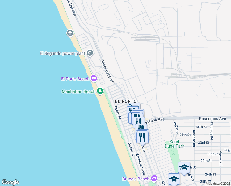 map of restaurants, bars, coffee shops, grocery stores, and more near 209 43rd Street in Manhattan Beach