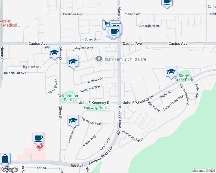 map of restaurants, bars, coffee shops, grocery stores, and more near 27920 John F Kennedy Drive in Moreno Valley