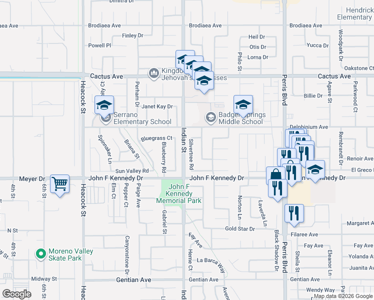 map of restaurants, bars, coffee shops, grocery stores, and more near 14890 Silvertree Road in Moreno Valley