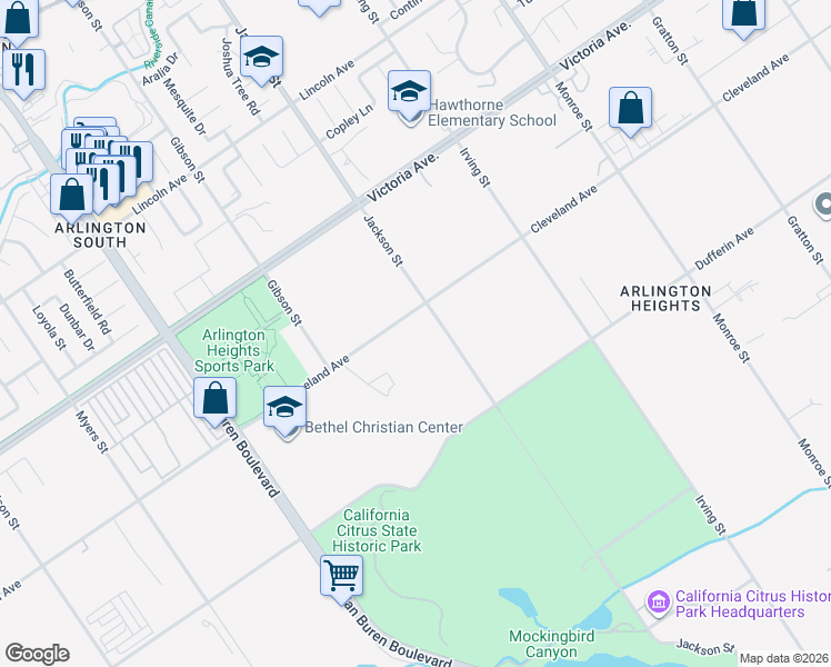 map of restaurants, bars, coffee shops, grocery stores, and more near 9160 Cleveland Avenue in Riverside