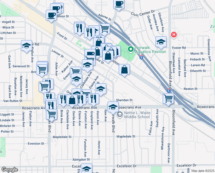 map of restaurants, bars, coffee shops, grocery stores, and more near 12162 Pine Street in Norwalk