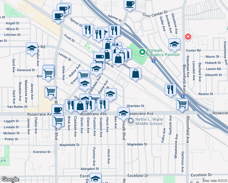 map of restaurants, bars, coffee shops, grocery stores, and more near 12162 Pine Street in Norwalk