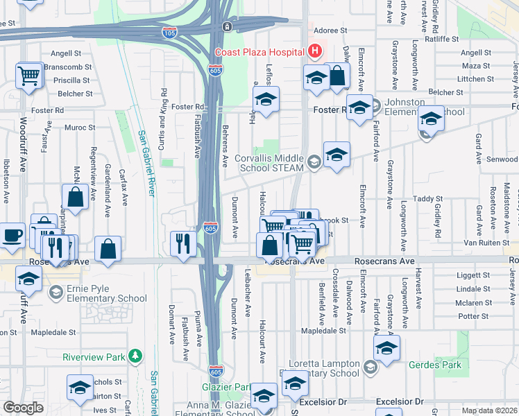 map of restaurants, bars, coffee shops, grocery stores, and more near 14002 Leibacher Avenue in Norwalk