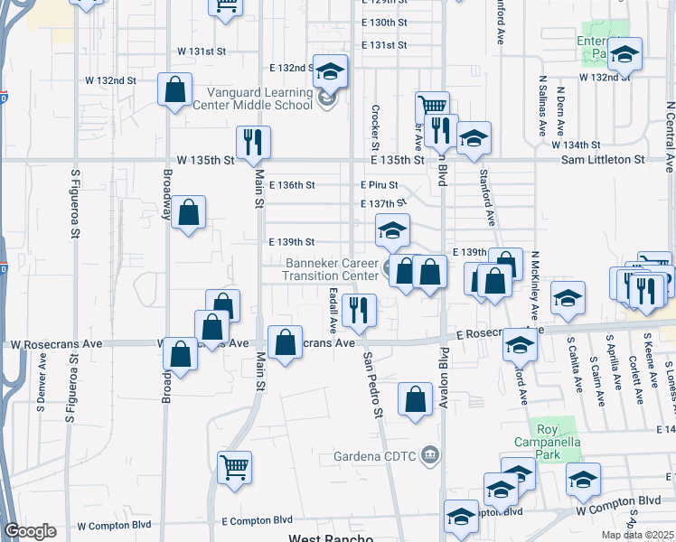 map of restaurants, bars, coffee shops, grocery stores, and more near 247 East 140th Street in Los Angeles