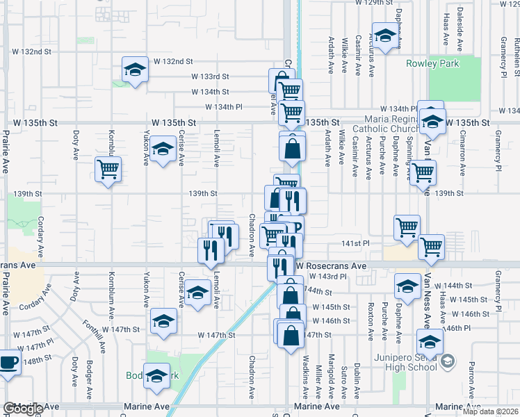 map of restaurants, bars, coffee shops, grocery stores, and more near 14005 Crenshaw Boulevard in Hawthorne
