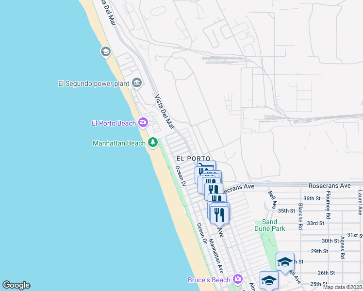 map of restaurants, bars, coffee shops, grocery stores, and more near 209 43rd Street in Manhattan Beach