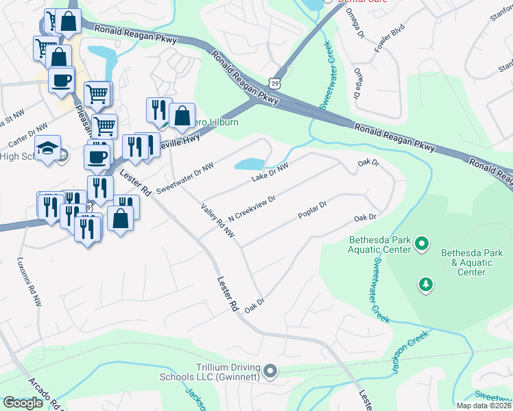 map of restaurants, bars, coffee shops, grocery stores, and more near 3424 North Creekview Drive in Lawrenceville